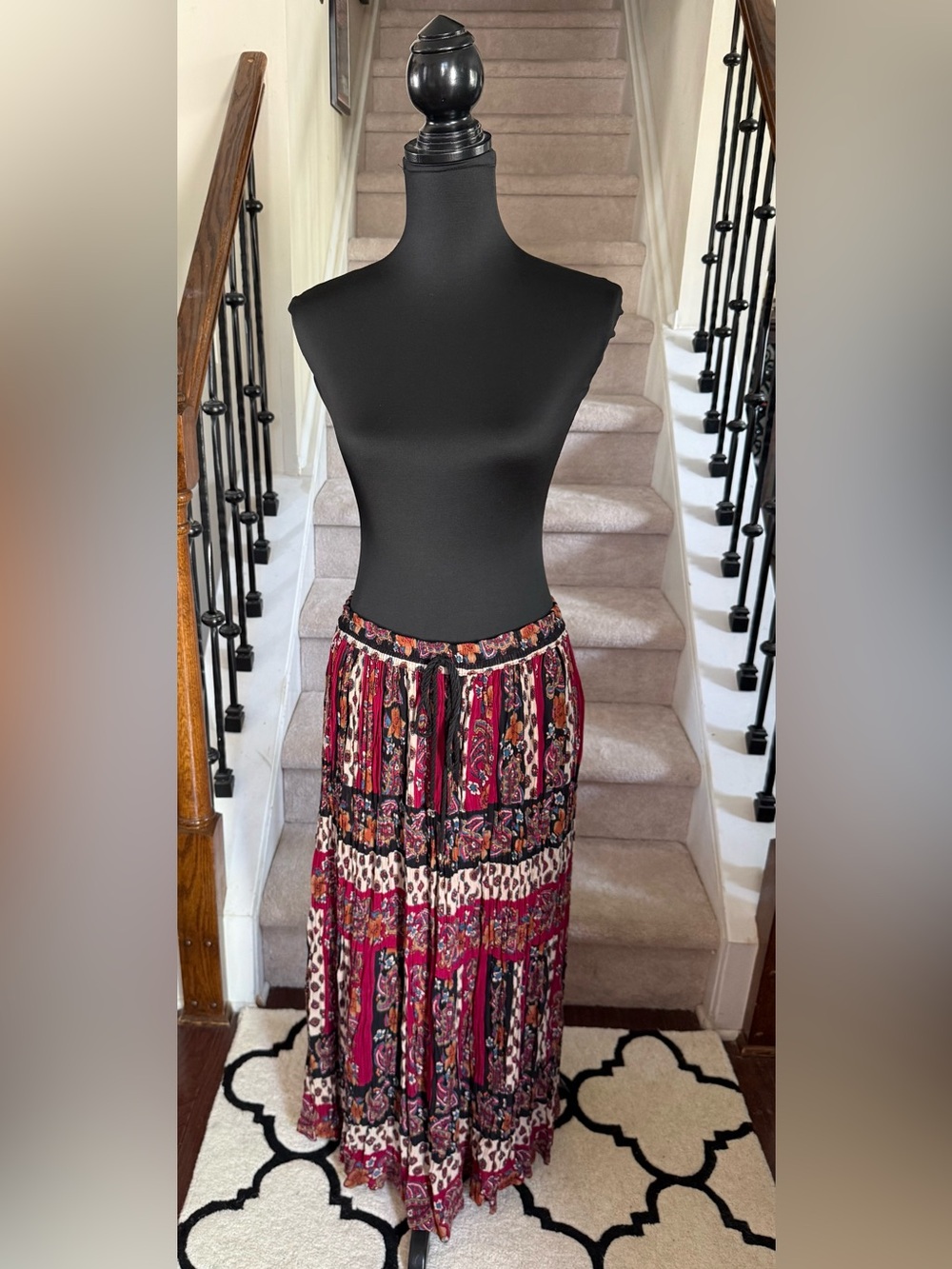VTG Bohemian Tiered Maxi Skirt in Burgundy and Cream